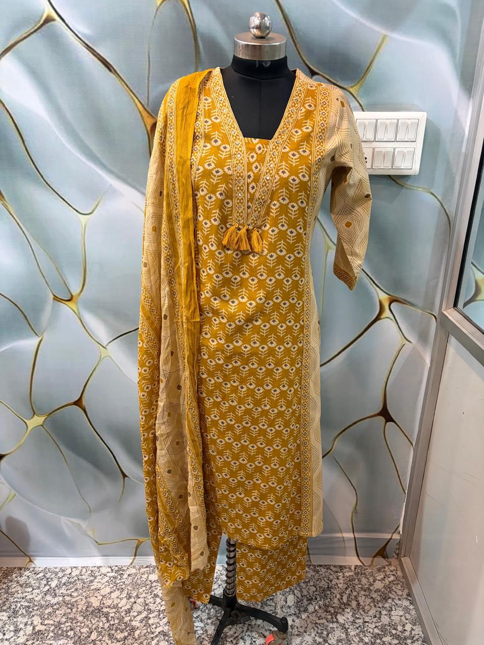 Sanganeri Print Cotton Anarkali Kurta Set with Adda Work Dupatta