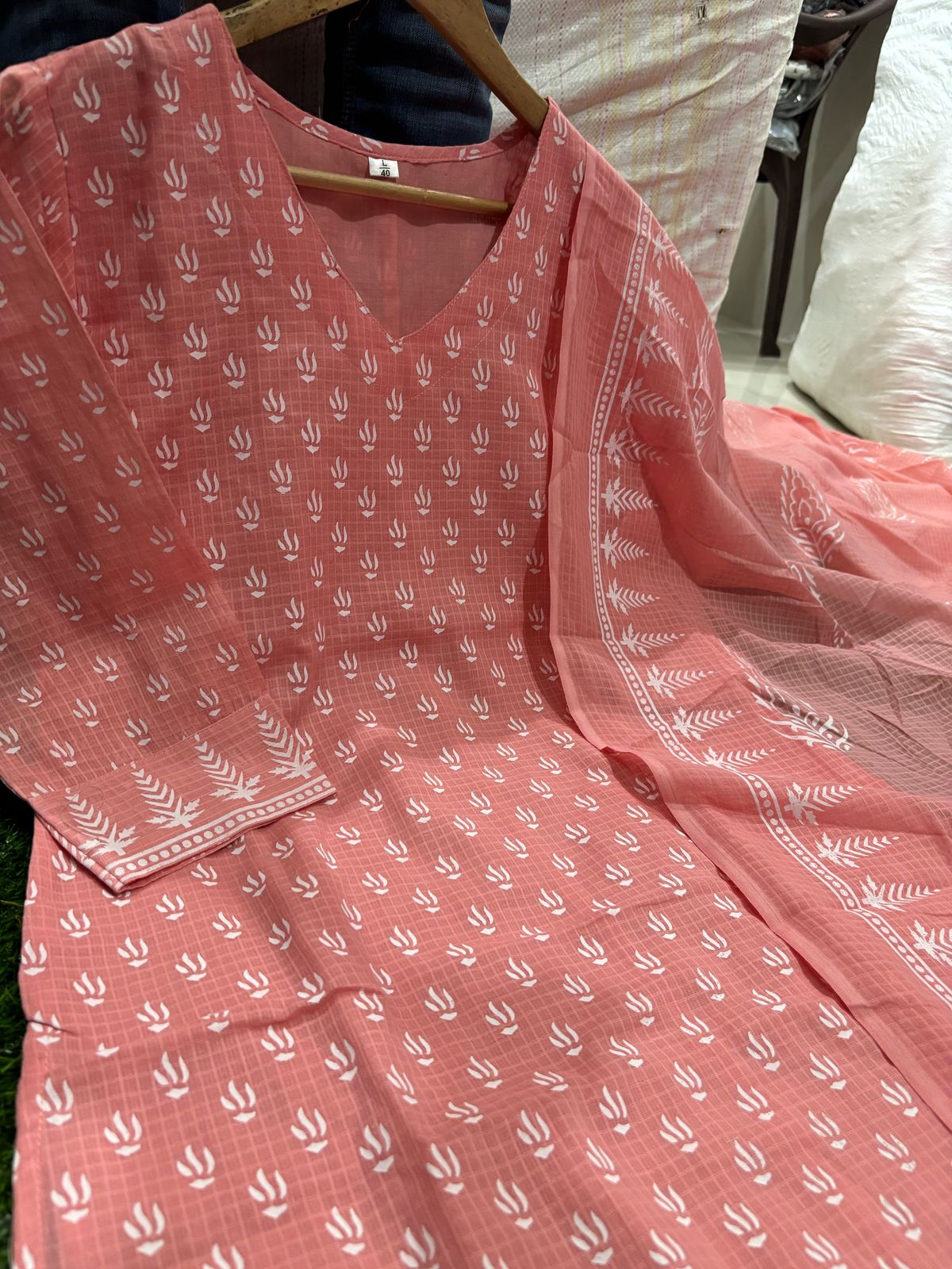 Pastel Kota Doriya Hand Block Print Kurta Set with Cotton Dupatta
