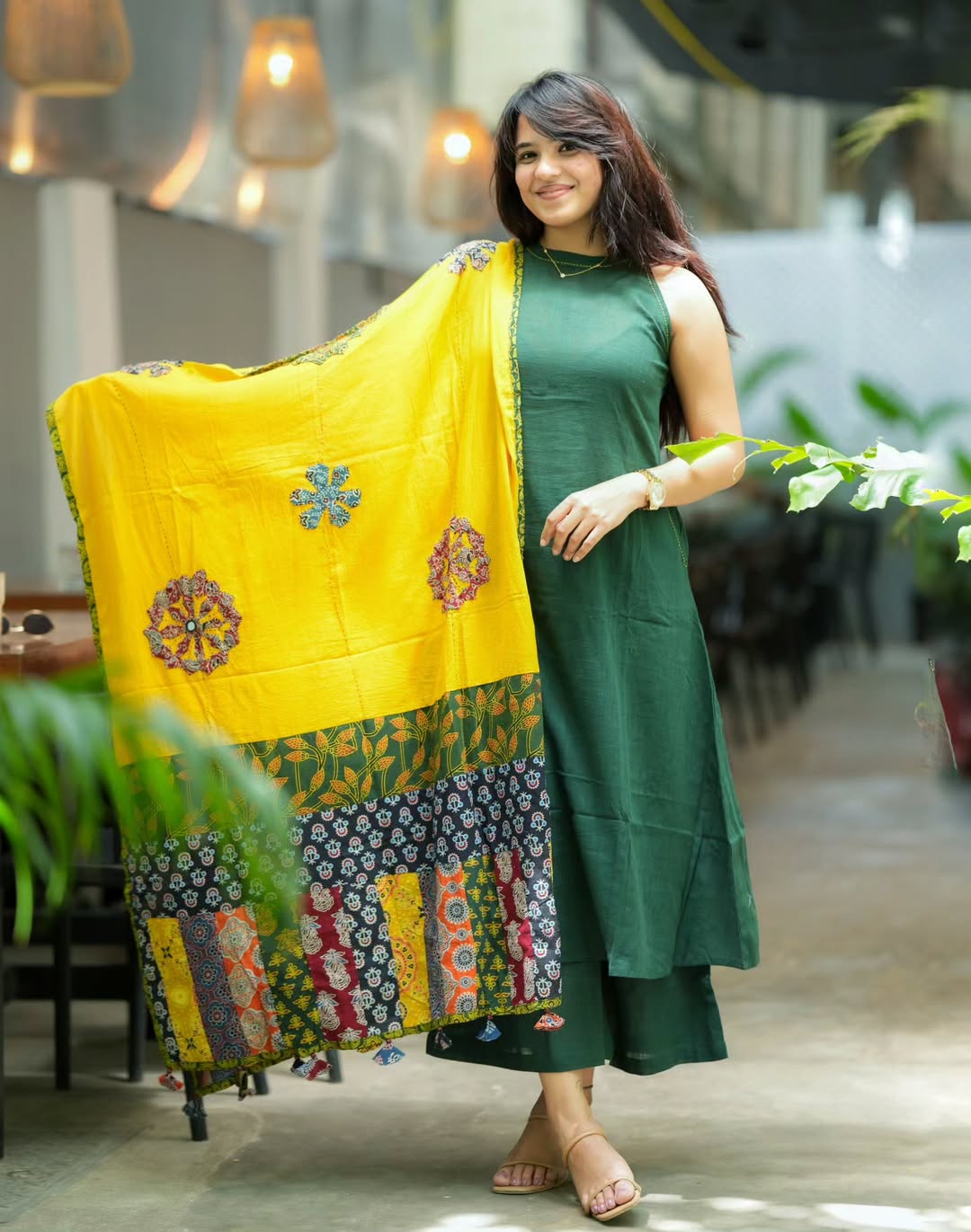 Handloom Cotton A-Line Kurti Set with Mulmul Dupatta & Palazzo