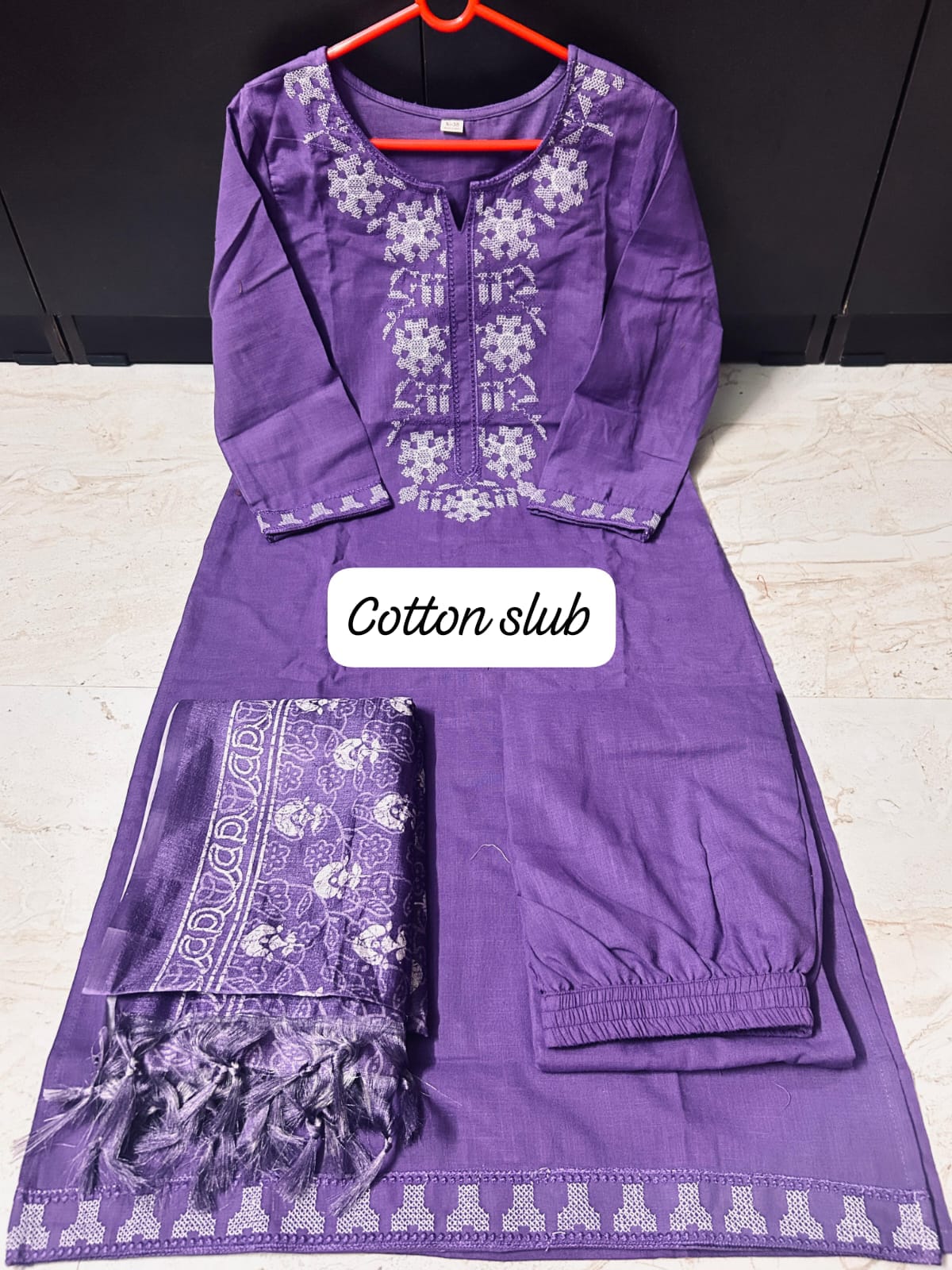 Khadi Cotton Cross-Stitch Embroidered Kurta Set with Silk Dupatta