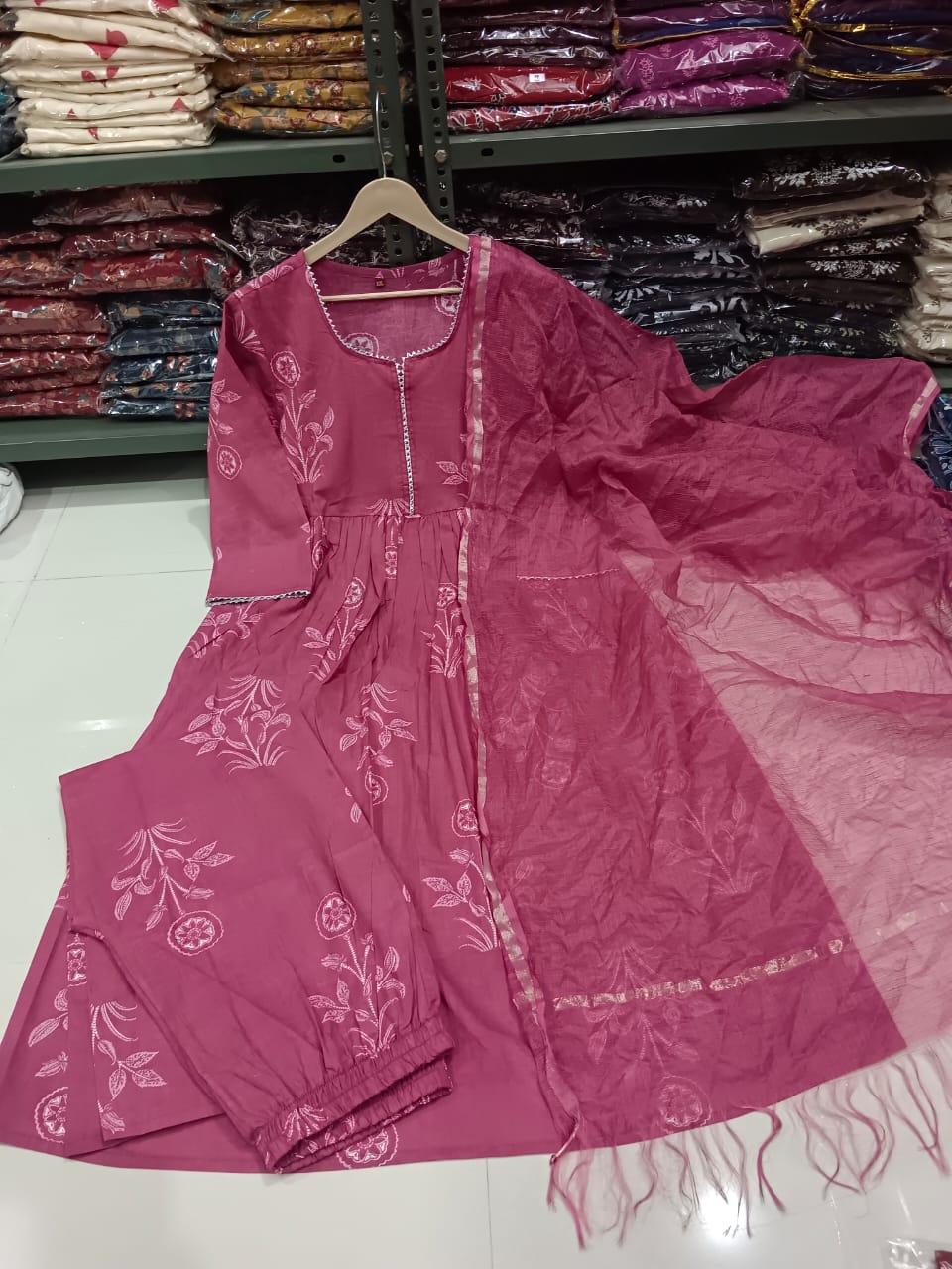 Anarkali Printed Festive Kurti Set with Pant & Kota Doria Dupatta