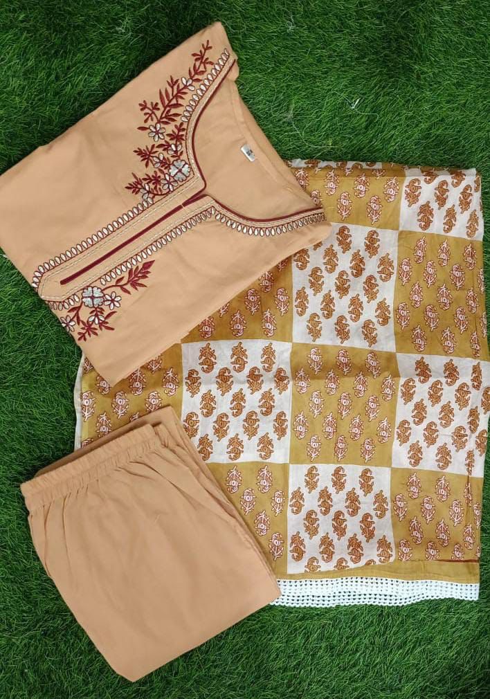 Yellow Pure Cotton Mirror Handwork Kurta Set with Cotton Pants & Soft Mulmul Dupatta