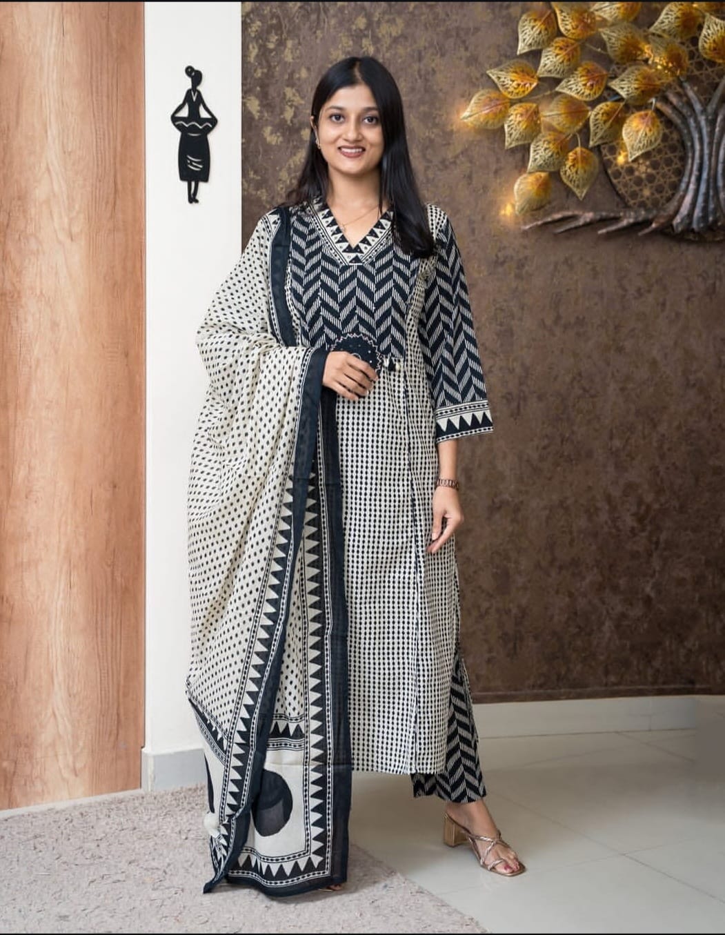 Bagru Print Cotton Applique Yoke Work Kurta Pant & Dupatta Set