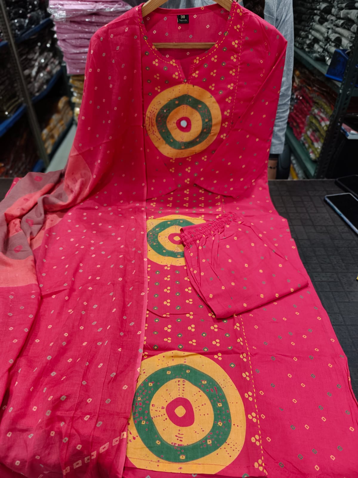 Pure Cotton Bandhani Print Kurtas Set with Mirror Work, Pant & Mulmul Dupatta for Women