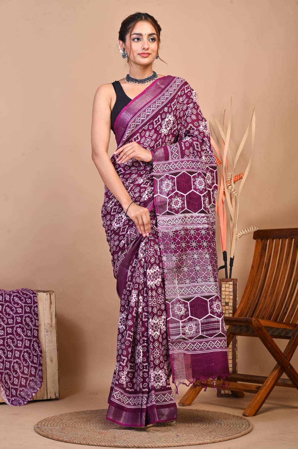 Handblock Printed Linen Cotton Saree with Blouse Piece