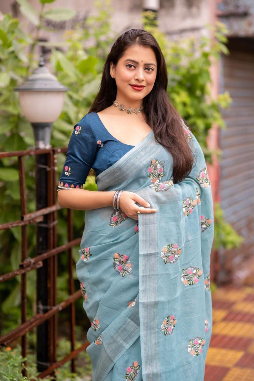 Pure Linen Saree with Silver Zari Pattu Border & Cotton Tassel Pallu