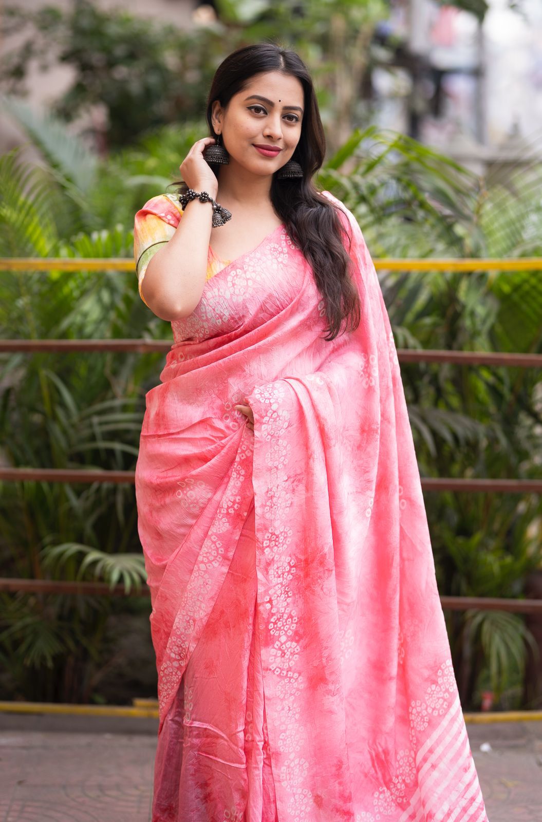 Pure Chanderi Cotton Spray Dyed Saree with Handmade Bandhani Batik Border