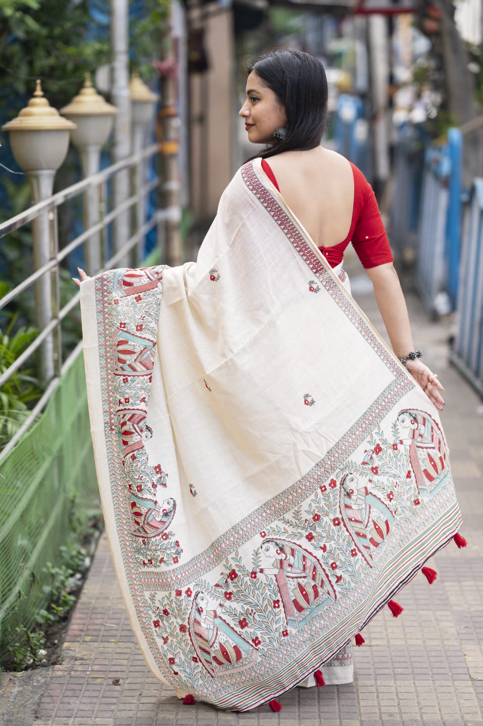 Madhubani Print Soft Linen Saree with Aari Mirror Work & Contrast Red Blouse