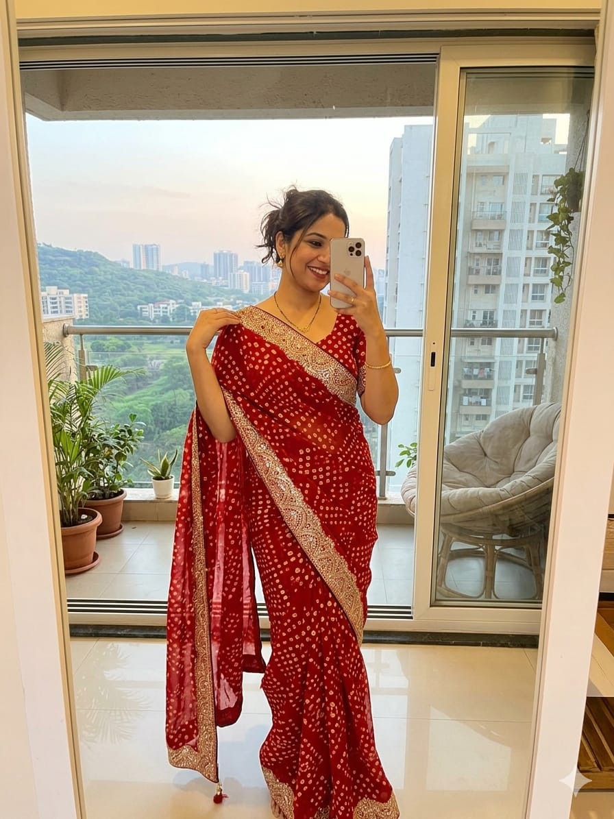 Beautiful red libas bandhani printed silk blend saree features a detailed gota patti work border