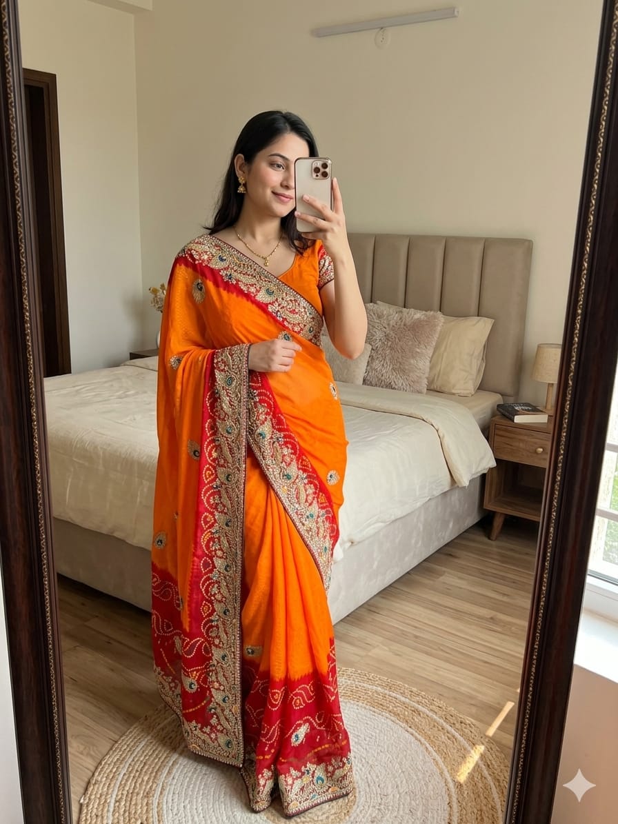 Beautiful orange and red bandhani print Georgette saree features intricate gota lace embroidery and sequins work
