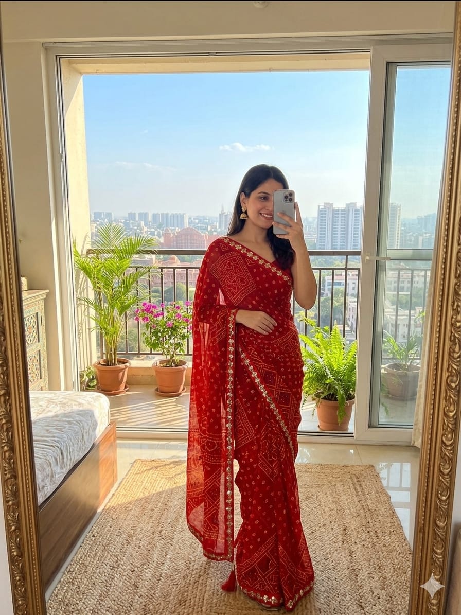 This sudathi red chiffon saree features a traditional bandhani print and a delicate sequin embroidery border