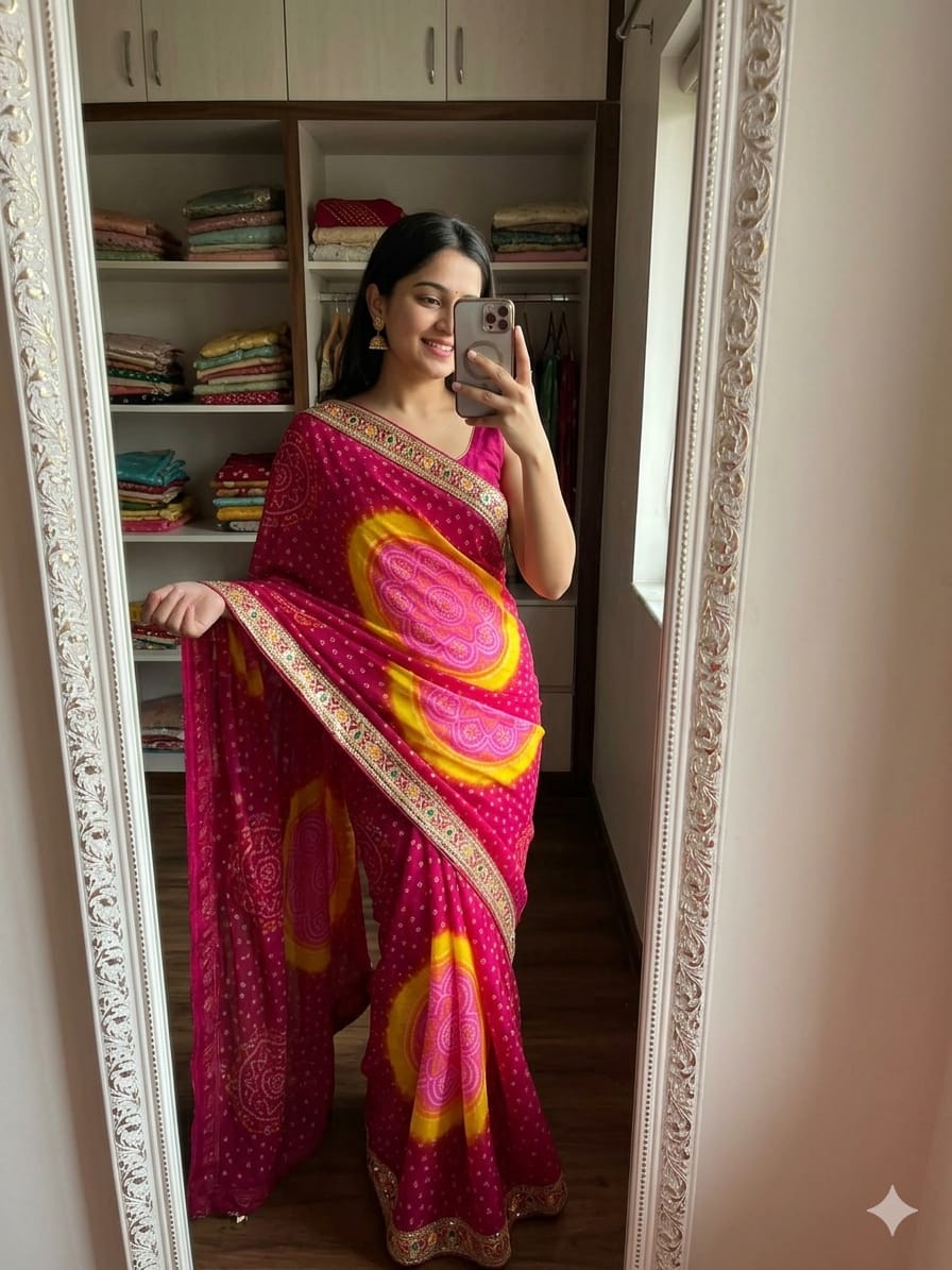 This pink and yellow Daaraasilks saree features a traditional bandhani print and a delicate mirror work border