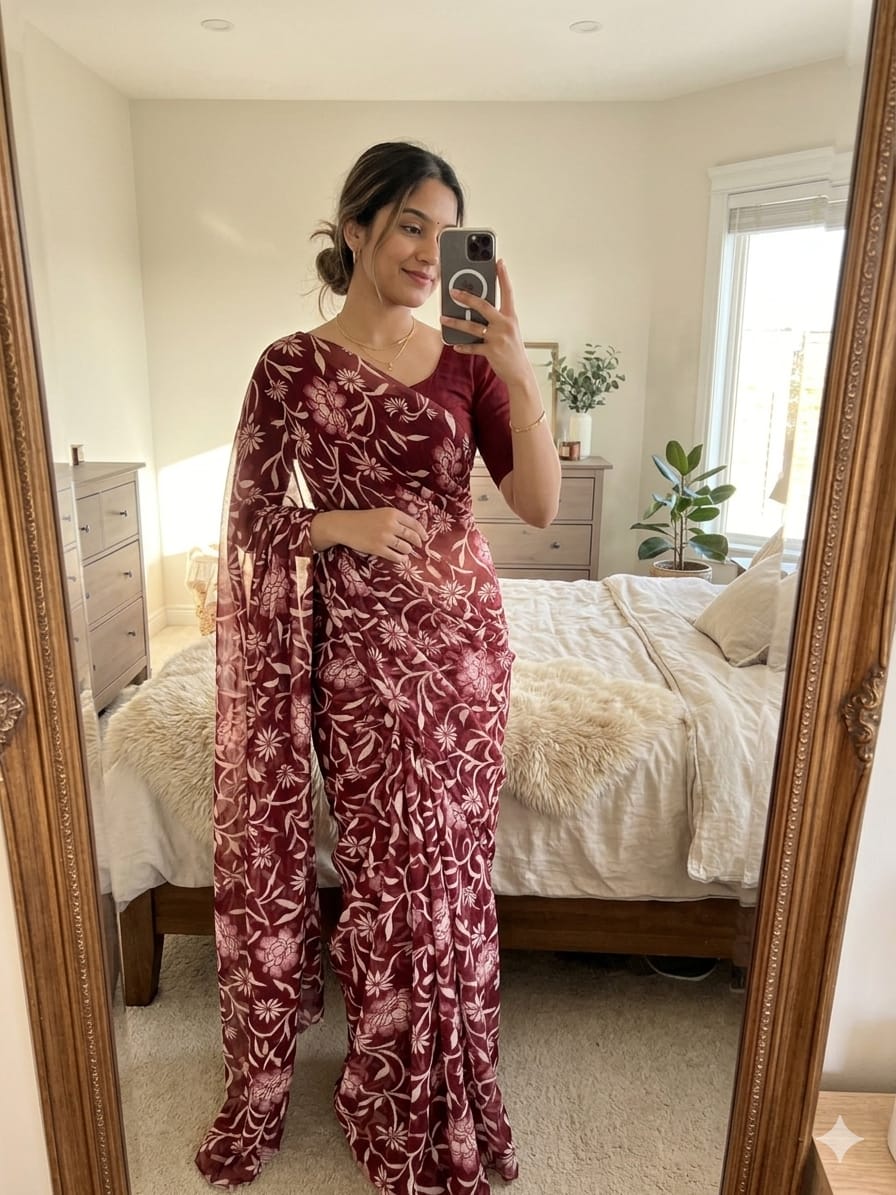 Beautiful maroon parsi gara saree featuring intricate white floral embroidery