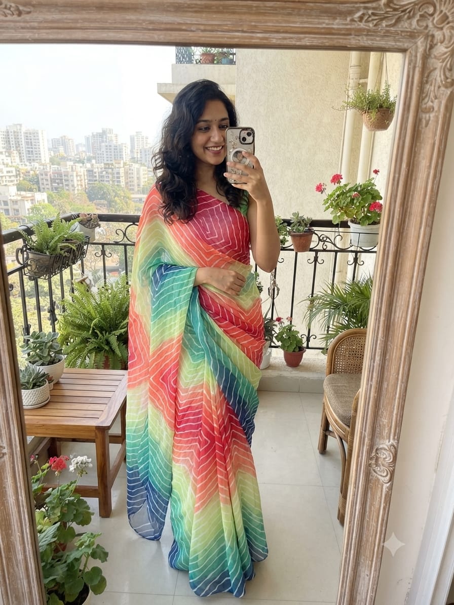 This yellow and red Georgette leheriya saree by libas features a traditional bandhani inspired print and comes with an unstitched blouse piece