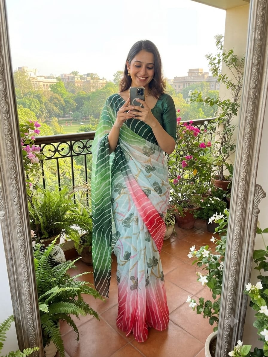 A beautiful leheriya printed yellow and red Georgette saree with a vibrant floral pattern