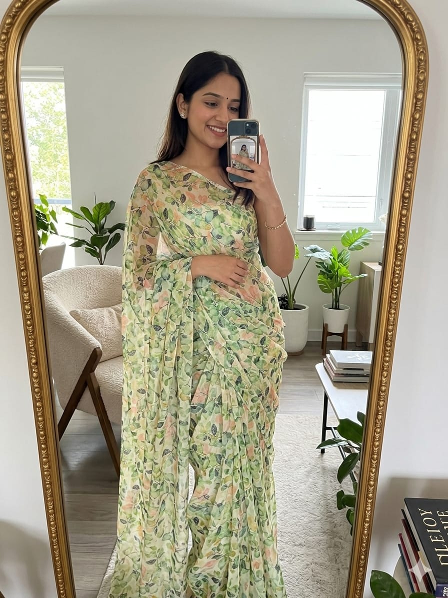 This Panzora Georgette saree features a light pink base adorned with a multi colour digital floral print
