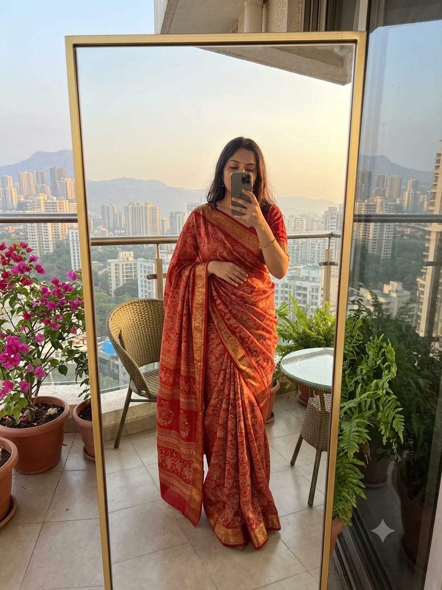 A vibrant red dola silk saree featuring a detailed zari woven design and border